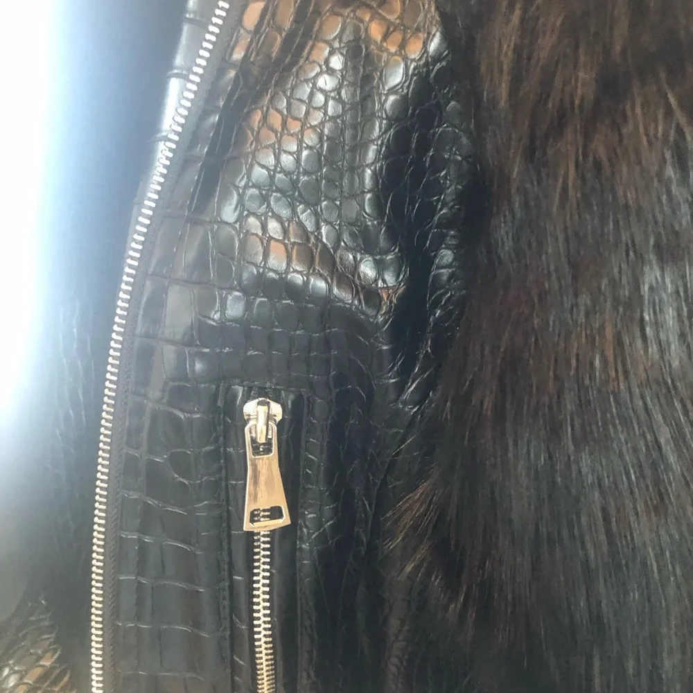 Black Croc-Embossed Faux Leather Moto Jacket with Faux Fur Sleeves